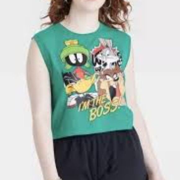 Warner Bros Looney Tunes Green Crop Sleeveless Muscle Tank Top Graphic Size XL - Picture 2 of 5